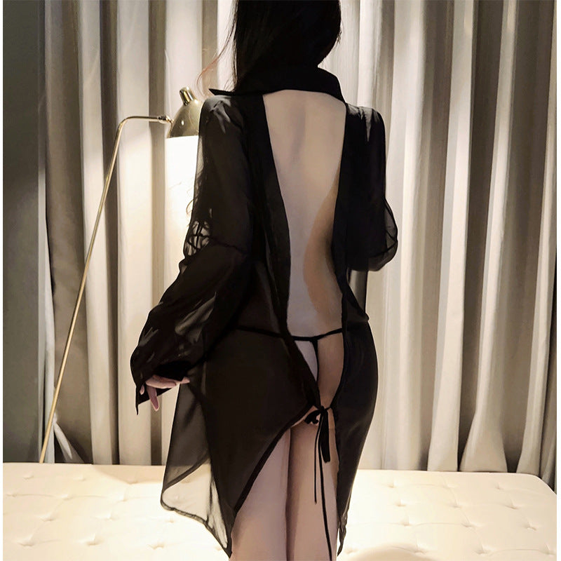 Image of erotic lingerie feminine see-through uniform temptation plus size backless shirt passion boyfriend style pajamas set 8850